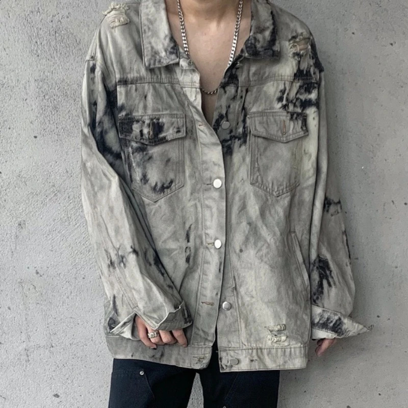 Denim Jackets Men Casual Baggy Fashion High Street Tie Dye Spring Autumn Hole Pocket American Style Vintage Handsome 240913