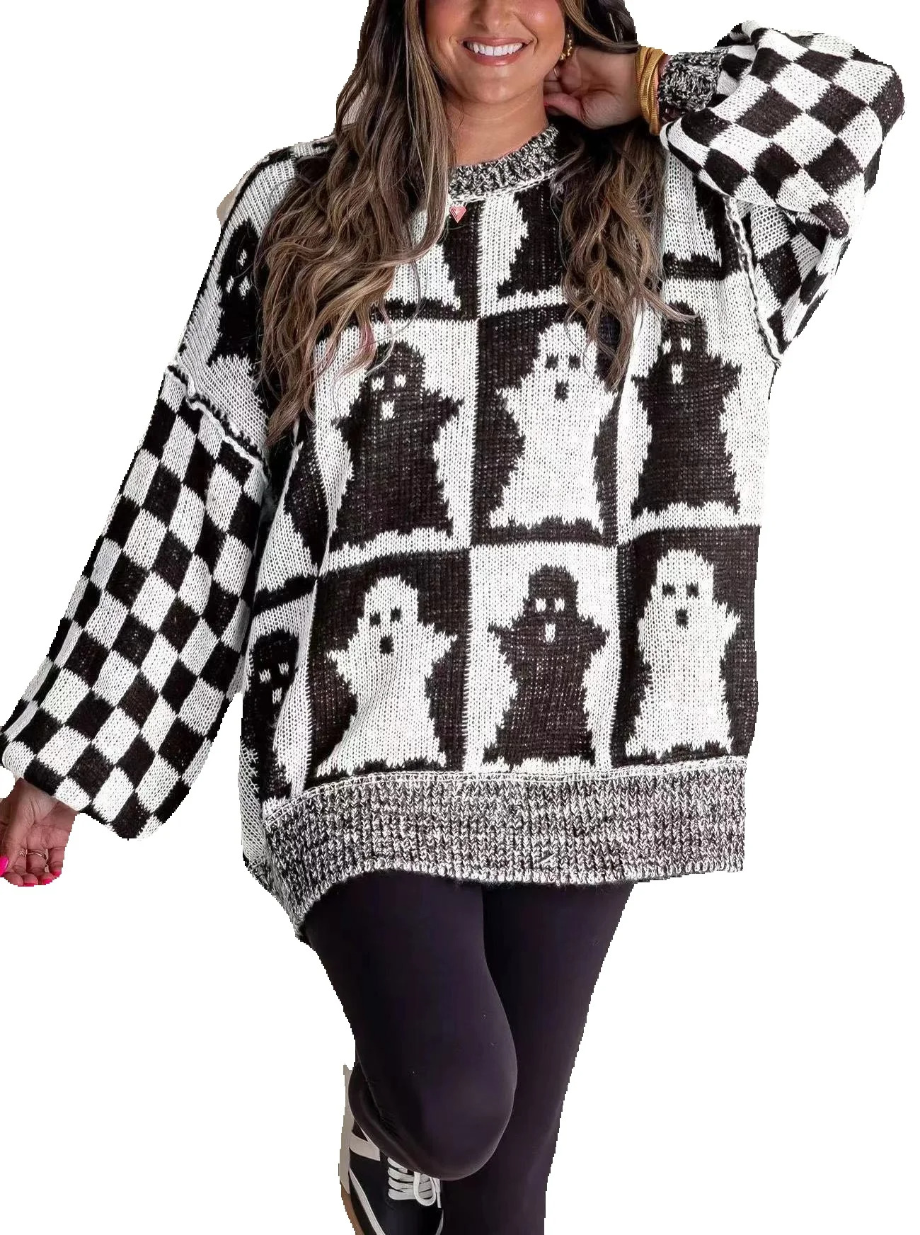 Women Halloween Pattern Print Sweaters Autumn Winter Haruku O Neck Loose Pullovers Streetwear Casual Party Female Knitted Tops