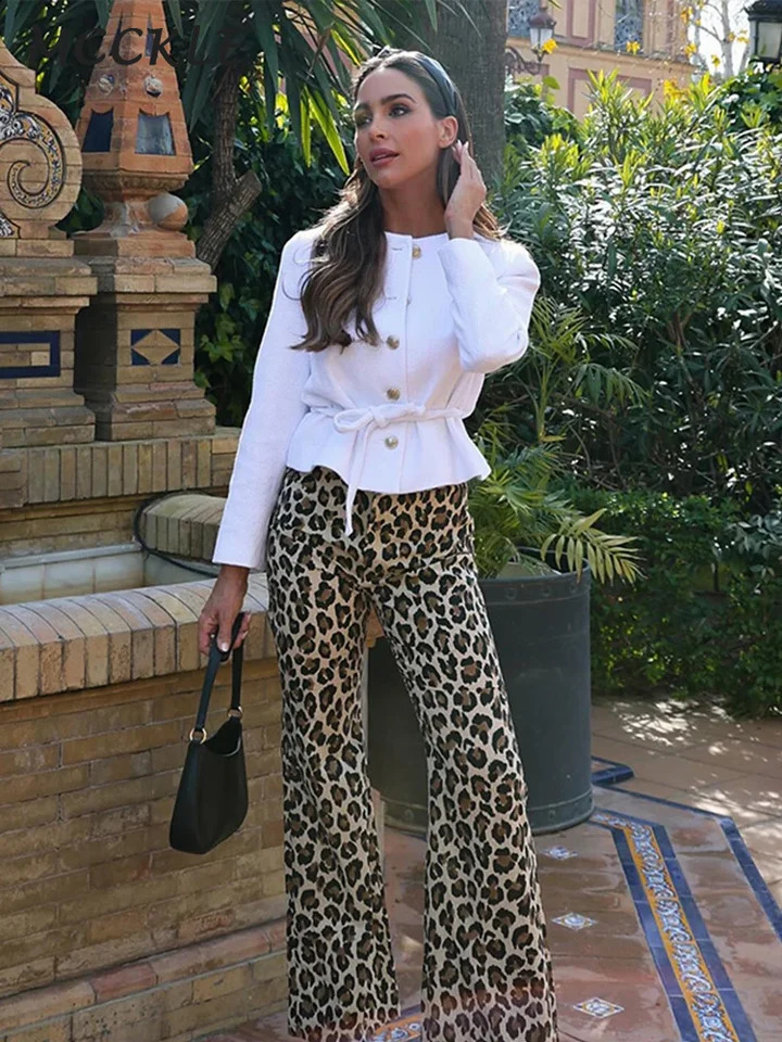 Leopard Print Ultra Thin Flared Pants Womens High Waist Button Zipper Trouser SpringSummer Clothing 240918