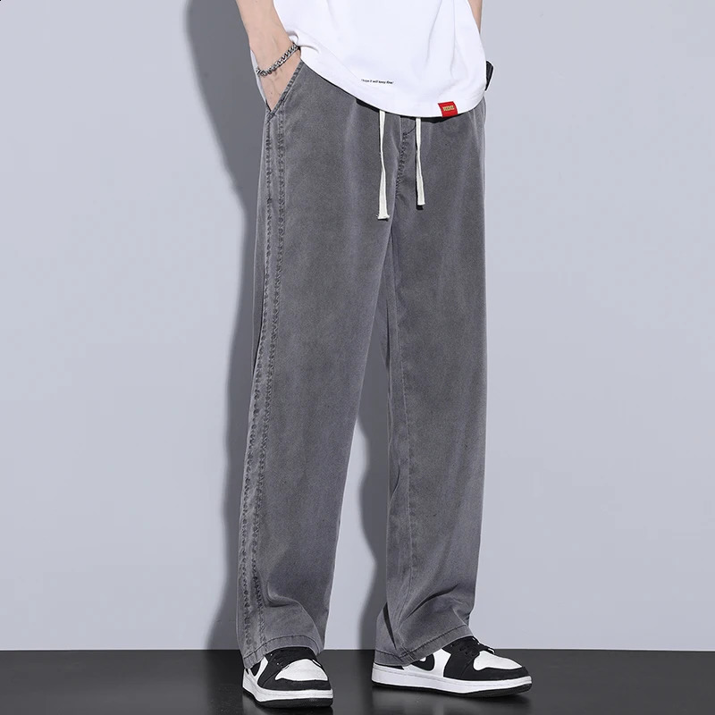 Summer Ultra Thin Lyocell Mens Loose Jeans Elastic Straight Pull Wide Leg Casual Denim Pants 240925