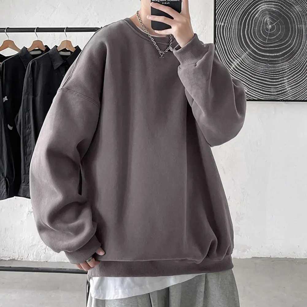 Men Fall Winter Sweatshirt Loose Solid Color Round Neck Long Sleeve Thick Warm Soft Unisex Casual Simple Style Couple TopX240925