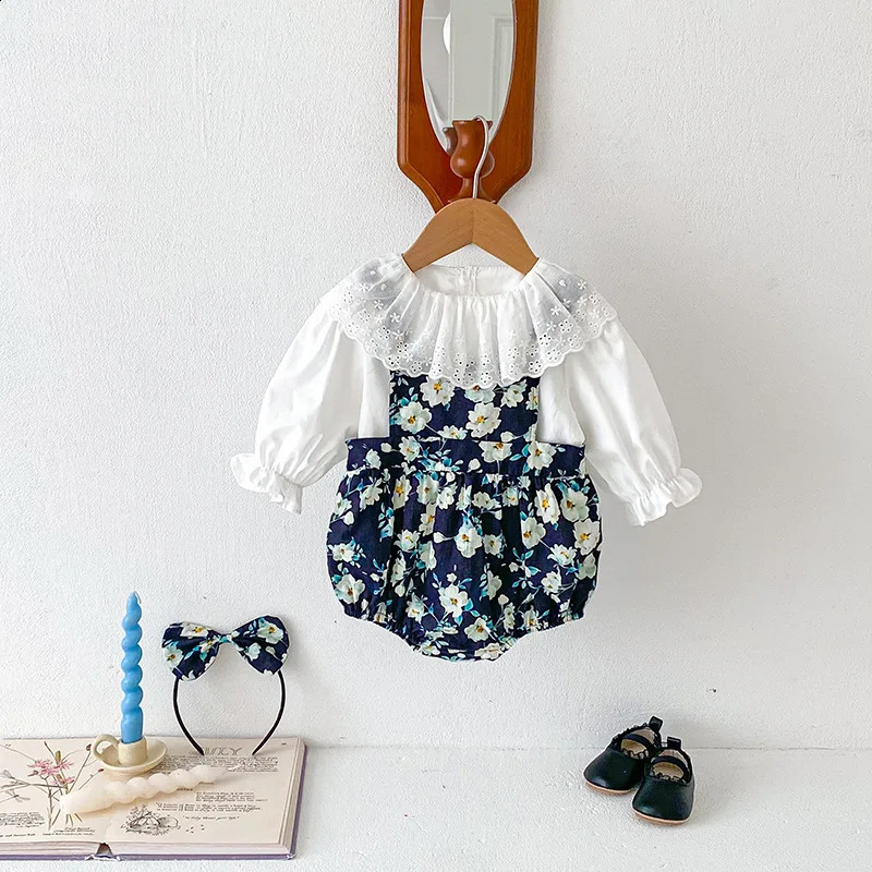 Autumn Korean Baby Girls 2PCS Clothing Lace Long Sleeve Shirt Flower Strap Pants Set Preschool 240925