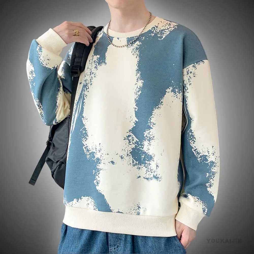 Korean Mens Autumn Round Neck Sweatshirts Streetwear Hip Hop Long Sleeve Gradient Graphic Sweatshirt Pullover Sweater Tops 2024X240925