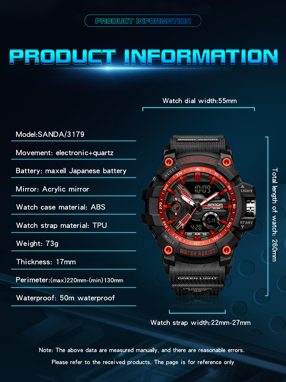 SANDA 3179 Digital Men's Military Watch 50M Waterproof Watch Dual Display Quartz Sports Watch Men's Night Light Relogio Masculino 07