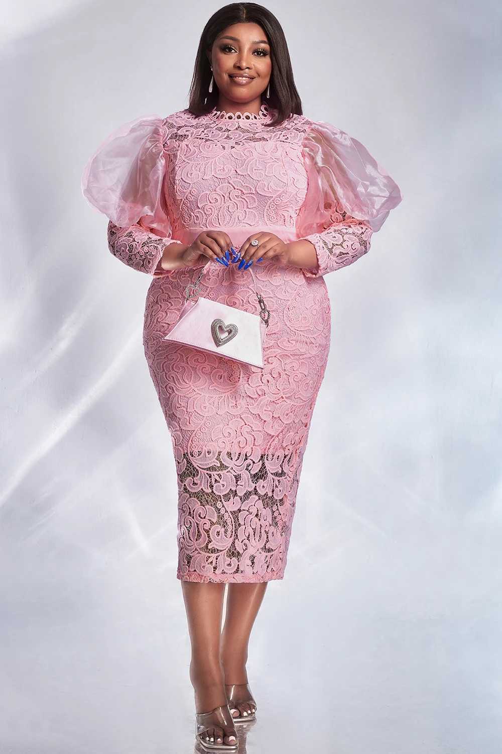 Women Plus Size Formal Dress Pink Lace Puff Sleeve See-Through Midi Dress Elegant Sweet Wedding Guest Cocktail Bodycon Dresses M240924