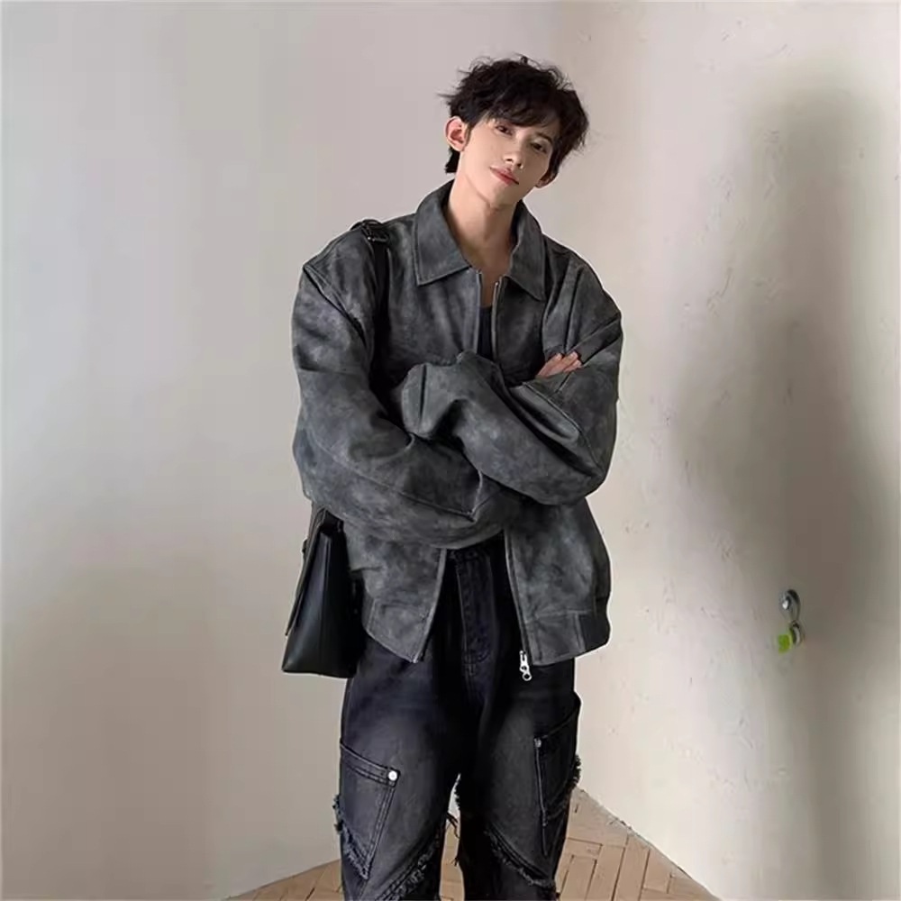 Unisex American Retro Vintage Color Jacket - Spring & Autumn Zipper Decoration with PU Leather