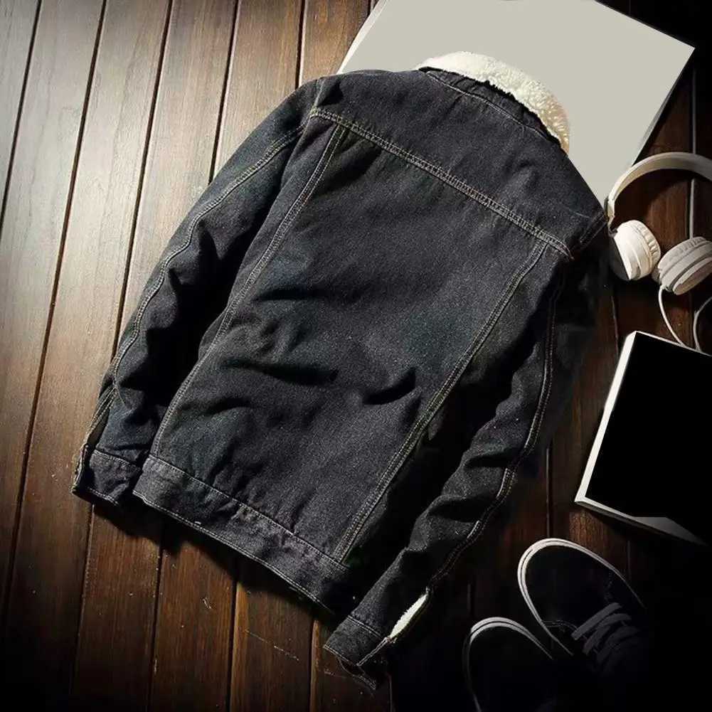 Mens denim jacket with thick cashmere lining solid color cold resistant jacket winter single chest denim jacket Y240925