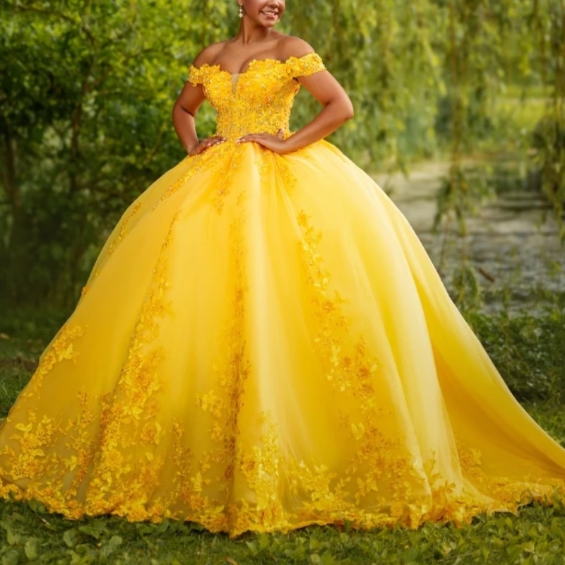 Mexico Yellow Shiny Ball Gown Quinceanera Dresses Floral Lace Appliques Beaded Tull Sweet 16 Dress Lace up Vestido De 15 Anos