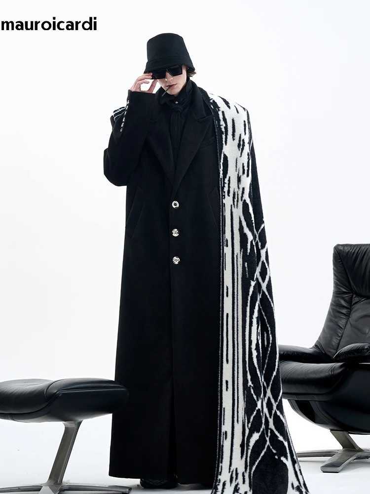 Mauroicardi Autumn Winter Oversized Extra Long Warm Black Wool Blends Coat Men Luxury Designer Floor Length Woolen Overcoat 2024 Y240924