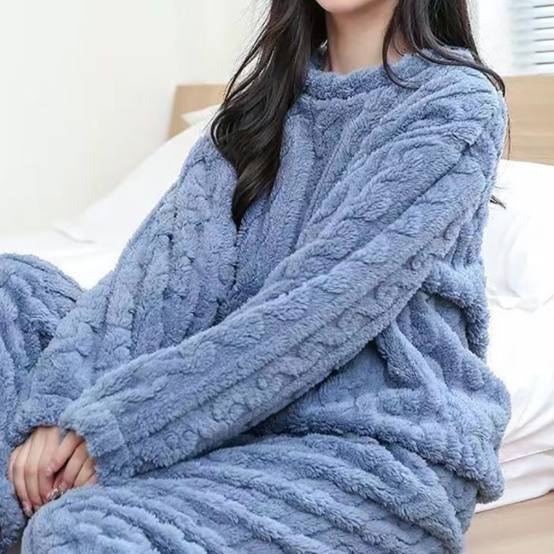 Autumn Solid Warm 2 Piece Thicken Veet Ribbed Fleece Set Pullover And Pants Women Casual Pama Sets 2023