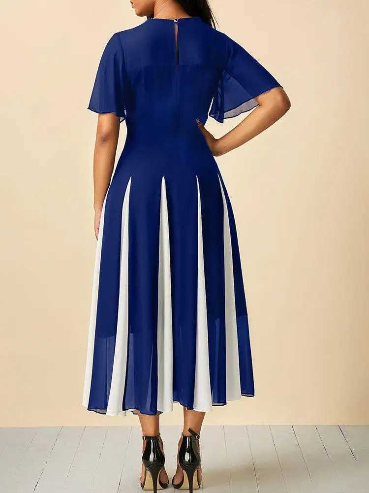 Plus Size Dress for Women Chiffon Patchwork Short Sleeve Casual Tunic Midi Dress Striped A-Line Round Neck Elegant Vintage Dress M240924