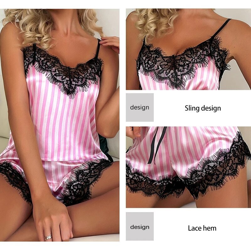 Two Piece V-Neck Lace Suspender Shorts Casual Women's Sleeveless Sexy Pama Set