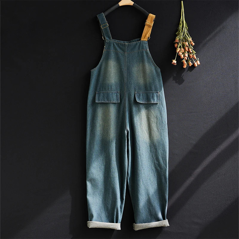 Retro Contrasting Denim Jumpsuits Women Loose Japanese Style Wide Leg Pants Casual Overall Pants Fashion Pocket Cargo Pants 240920
