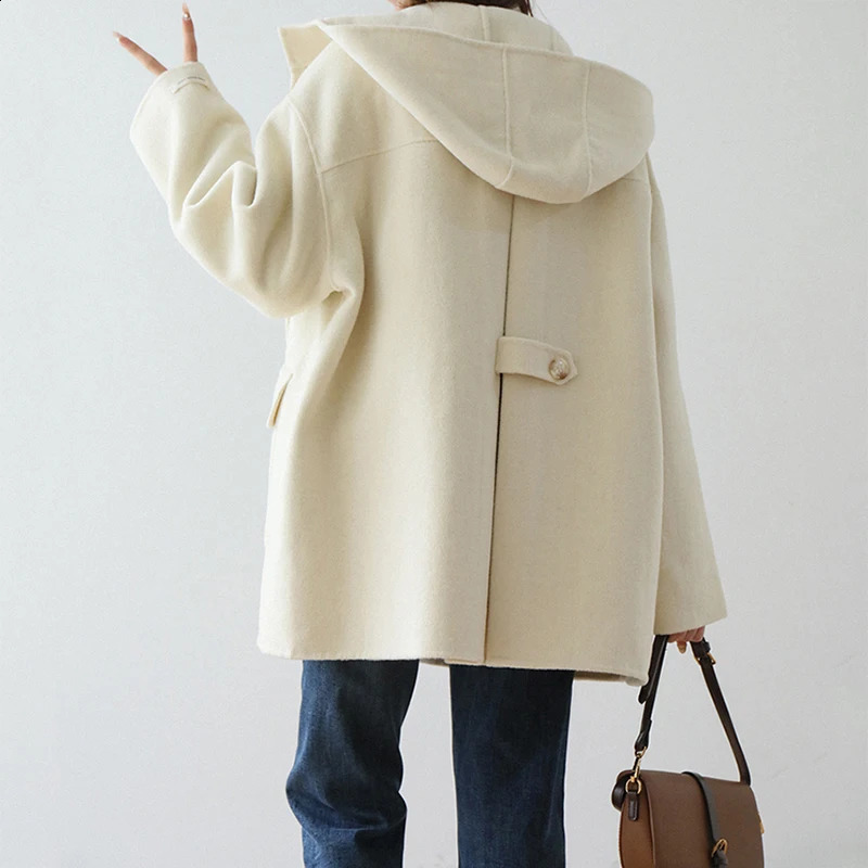 Womens wool button pocket cardigan long sleeved solid loose casual office jacket womens autumn and winter thick warm hooded sweatshirt 240925