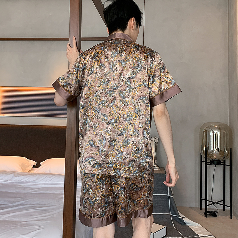2024 New Pajama Pants Long Sleeve Shorts Pajama Printed Silk Satin Men's Set