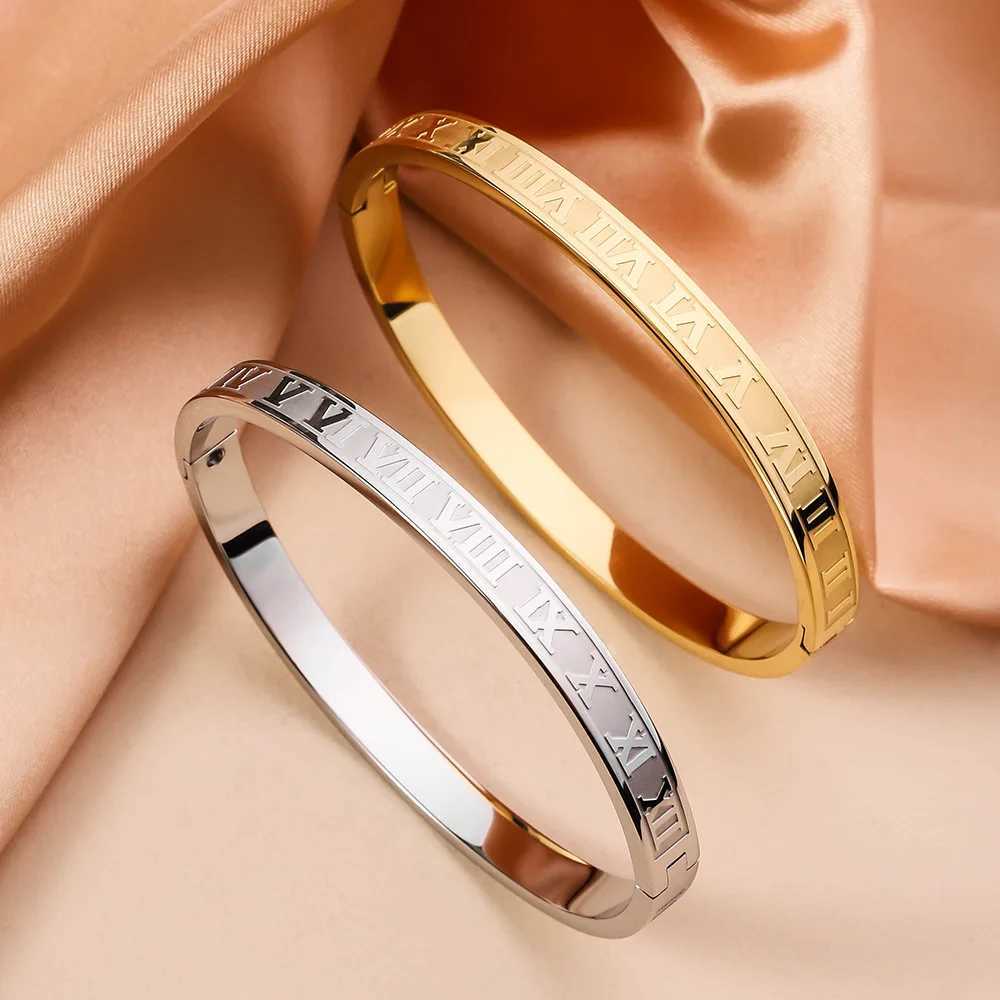 Simple Stainless Steel Greek Numerals Gold Color Cuff Bangles Roman Language Fashion Open Buckle Bracelet Fashion Women JewelryX240925