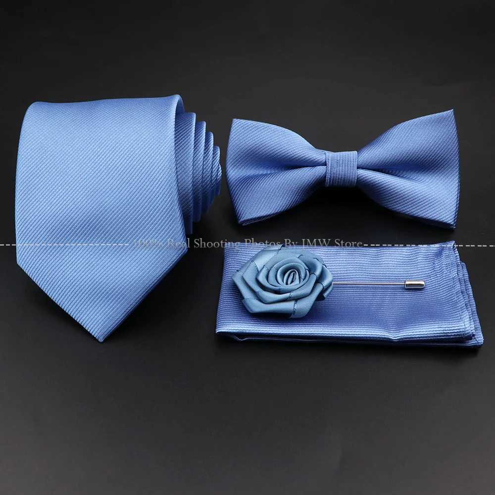 Hot S Red Blue Tie Set Polter Slim Striped Necktie Bowtie Cufflink Brooch For Gro Suit Wedding Cravat Shirt Accessory Y240925