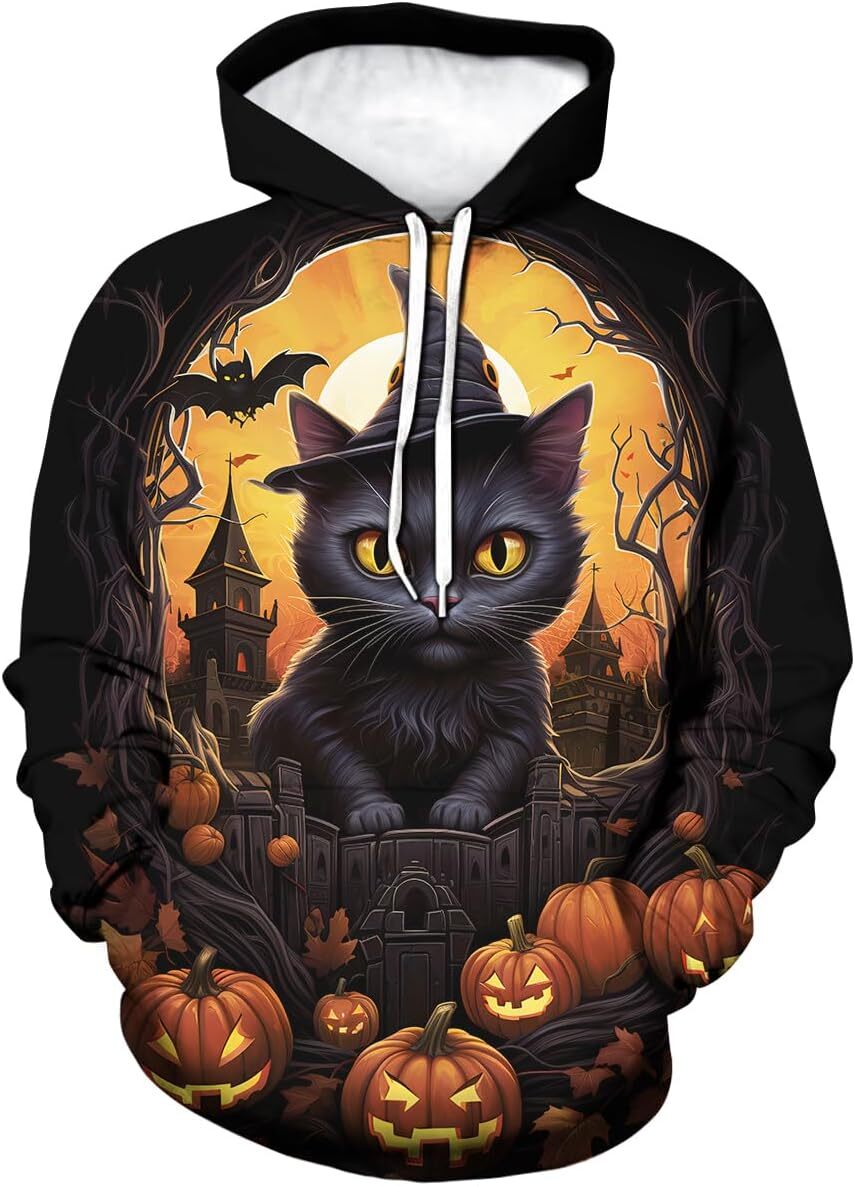 Hoodie for Mens Womens Fantasy MenHalloween Cat Cool Graphic Hoodie Halloween Castle Pumpkin Hooded Sweatshirts Pullover Graphic Hoodies sweatshirt