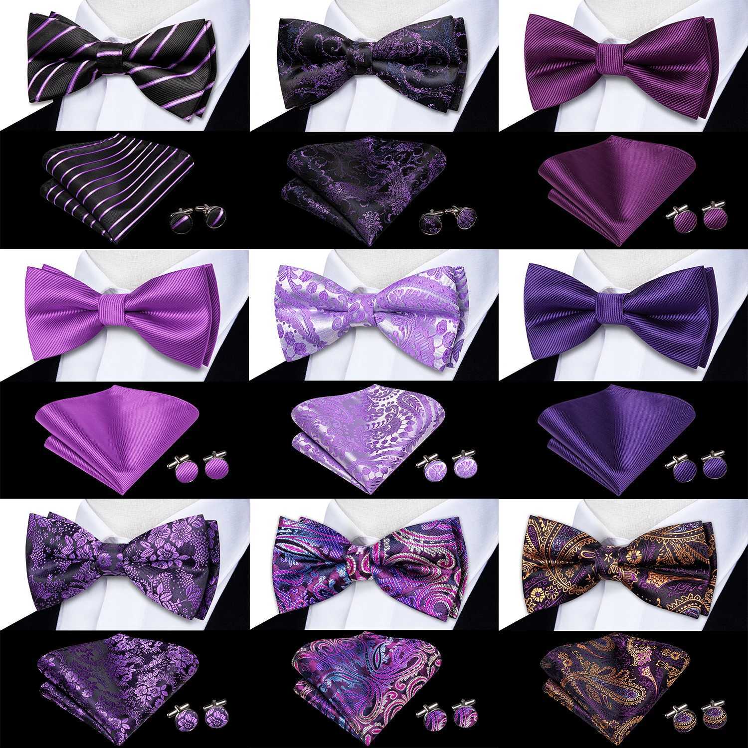 Purple lilac lavender pansy purple silk mens bow Hanji cuff set prefabricated bow Y240925