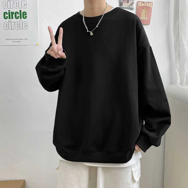 Simple Design Round Neck Sweatshirt Men Loose Streetwear Pullover Male Hoodies Black Beige PinkX240925