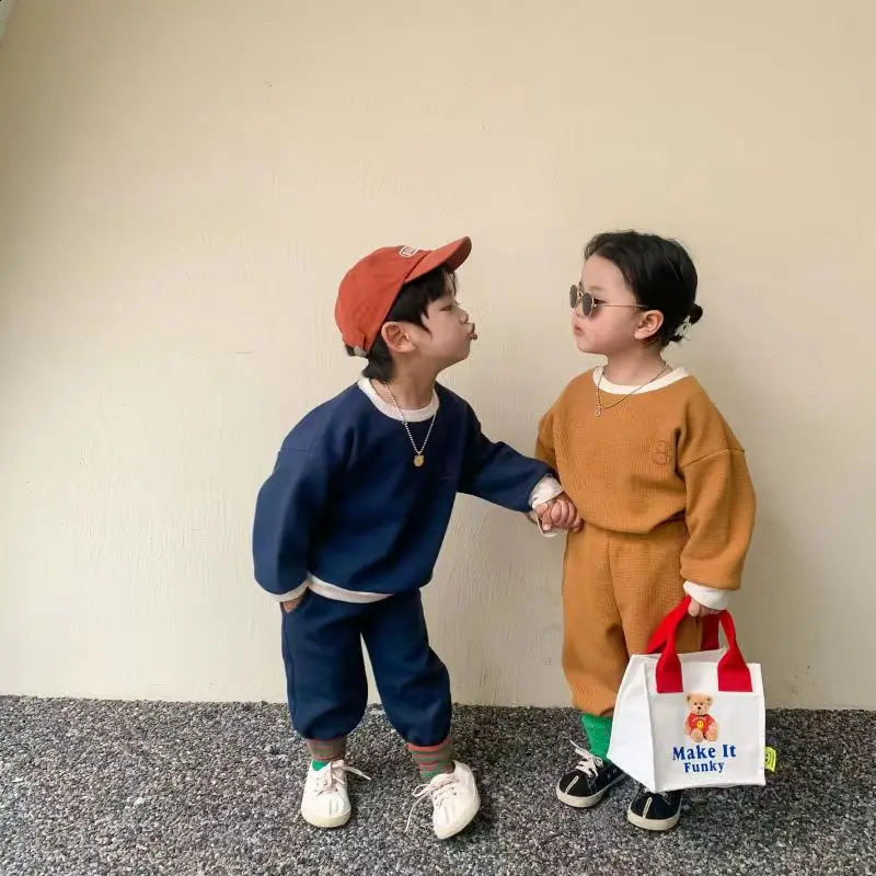 boys round neck set girls solid color cute spring and summer childrens fashion casual twopiece 12M6 years old 240925