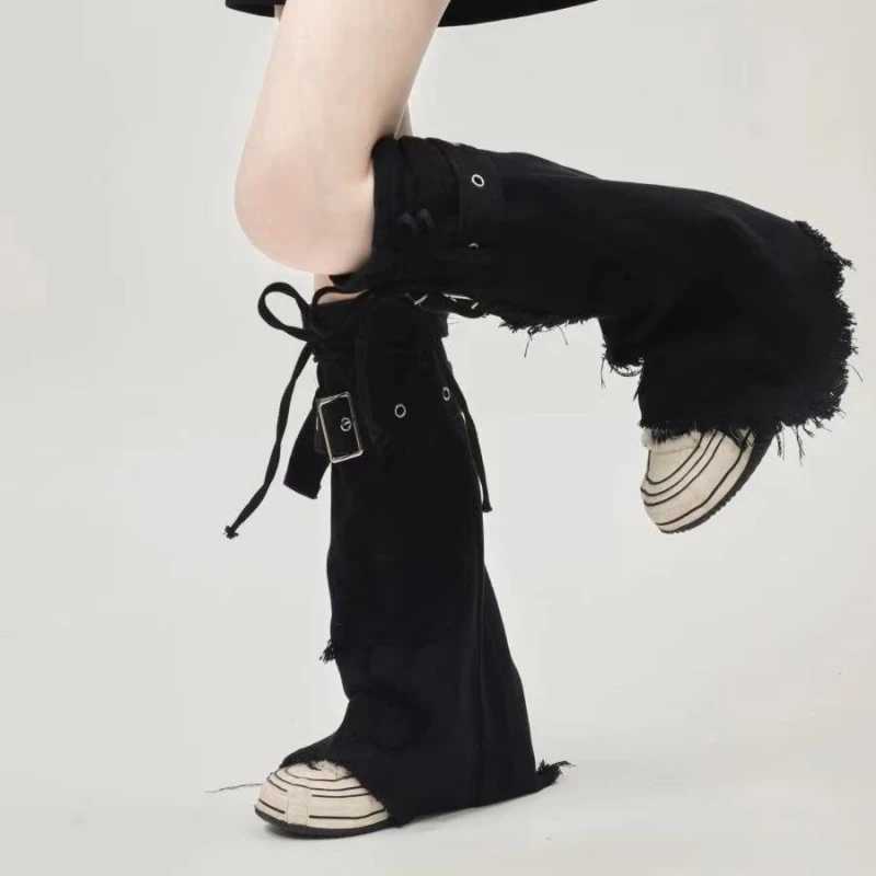 Other Fashion Accessories New Fashion Cool Thin Black Denim Leg Covers Vintage Drawstring Strap Punk Cross Design Horn Stacked Socks Womens Leg Warmer