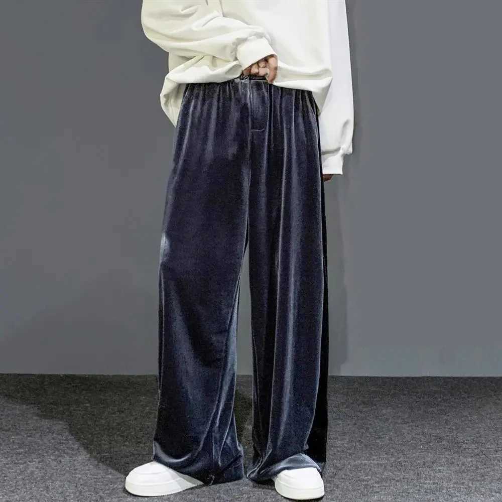High Strt Casual Sweatpants Mens Gold Velvet Wide-leg Pants Spring Fall Clothes Large Size Trendy Loose Y2k Glossy Long Pants M240924