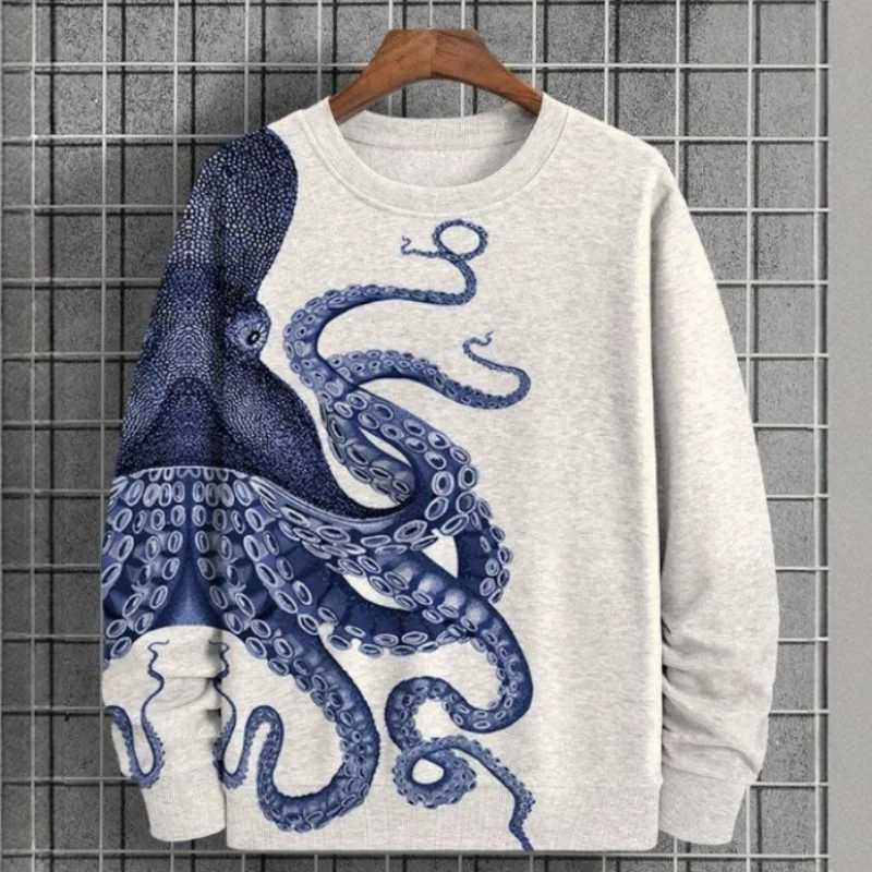 3D Printing Tentacle Hoodie For Men Marine Animal Pattern Sweatshirt Autumn Long Sleeve Round Neck Pullover Street Loose HoodiesX240925