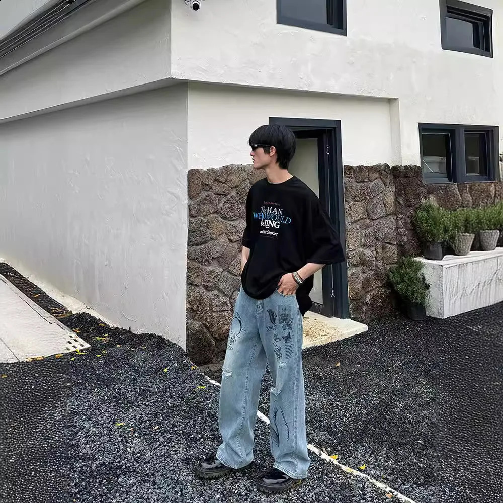 American retro graffiti pattern with holes loose hanging jeans summer street trend casual straight leg pants 240925