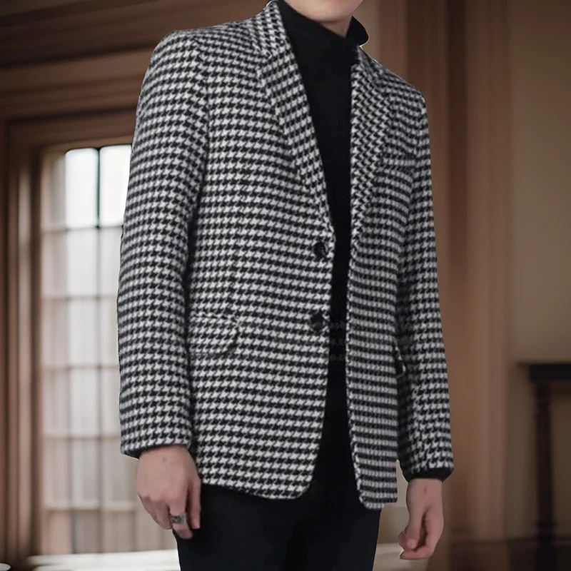 Plaid Men's Blazer with Two Buttons 1 Pc Business Suit Jacket Notch Lapel Houndstooth Male Fashion Coat