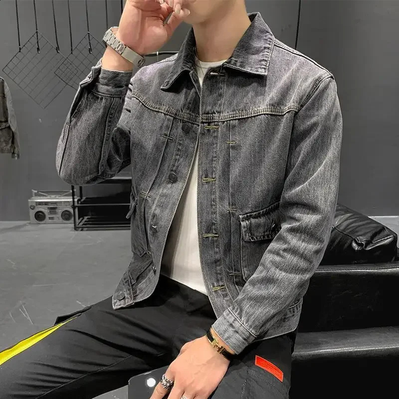 Male Jean Coats Gray Button Mens Denim Jacket Slim Fit Clothing Original Size L Korean Clothes Winter Outerwear Trendy 240920