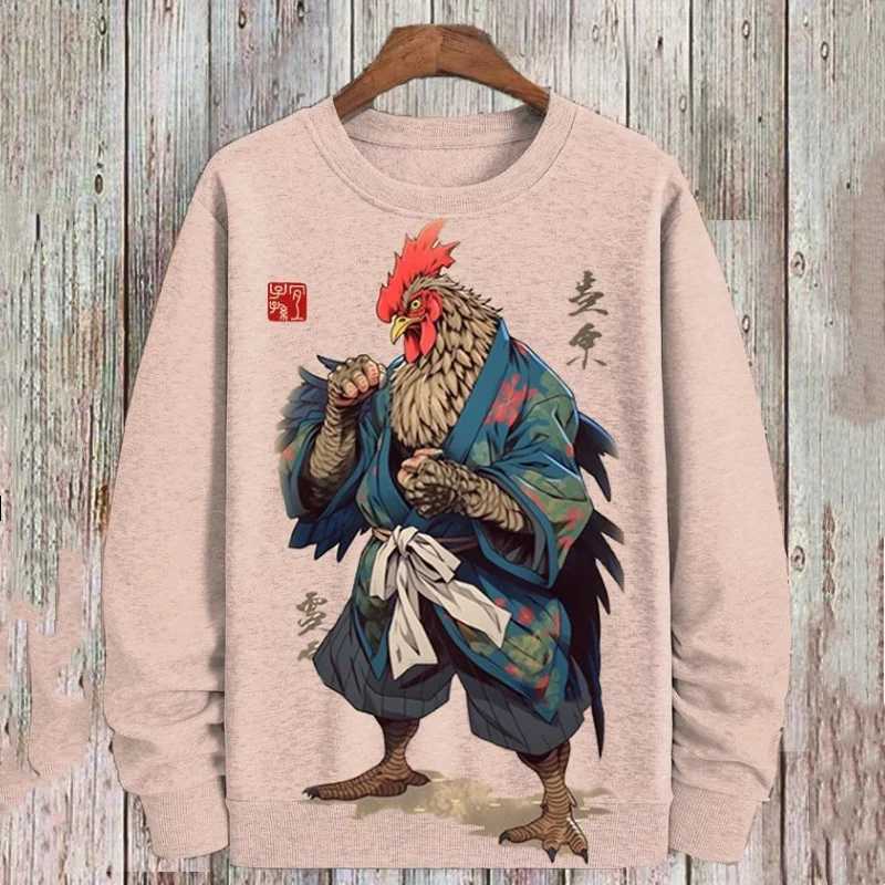 Kung Fu Chicken Pattern Hoodie For Men Vintage 3D Printed Pullover Autumn Street Long Sleeve Loose Sweatshirt Round Neck HoodiesX240925