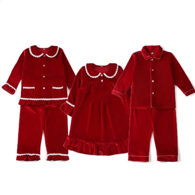 Baby red velvet pyjamas ruffle kids boy and girl family matching Christmas pajamas sets 240921