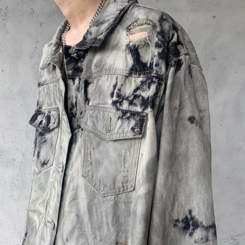 Denim Jackets Men Casual Baggy Fashion High Street Tie Dye Spring Autumn Hole Pocket American Style Vintage Handsome 240913
