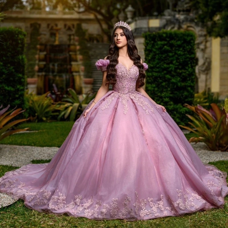 Pink Shiny Ball Gown Quinceanera Dresses Off The Shoulder Appliques Lace Beads Tull Sweet 16 Dress Vestidos De 15 Anos