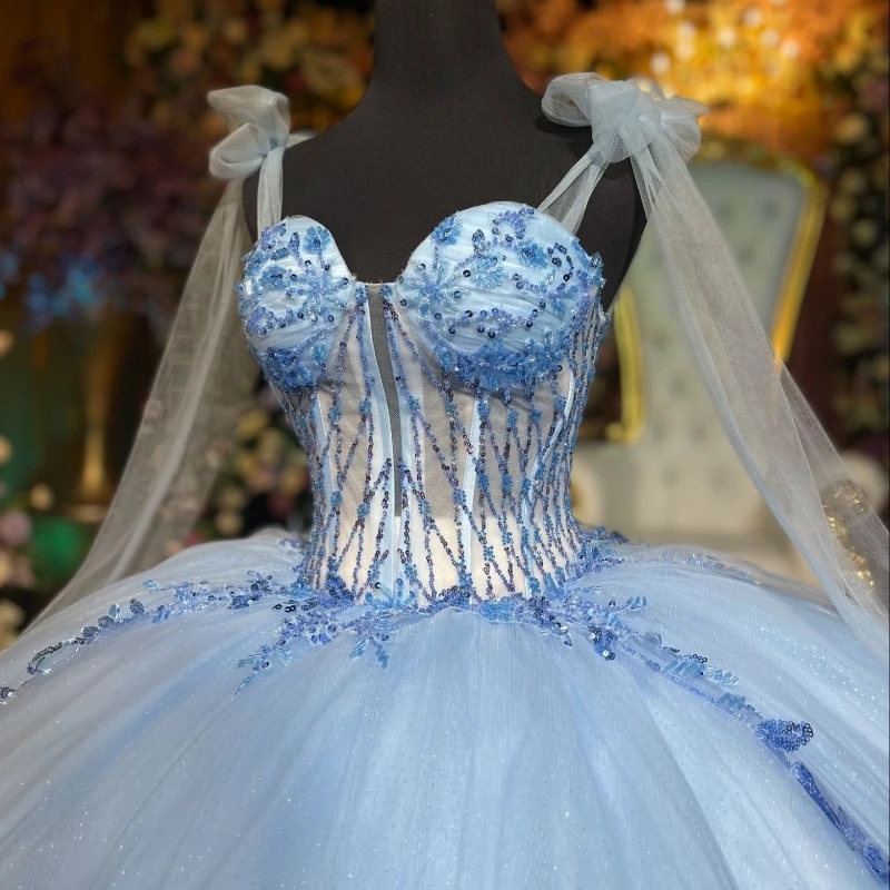 Sky Blue Shiny Quinceanera Dresses Off The Shoulder Applique Lace Beads Vestidos De 15 Anos Princess Sweet 16 Birthday XV Ball Gown