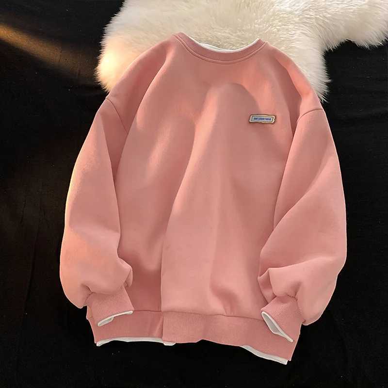 Autumn Winter Mens Fake Two-piece Long Sleeve Hoodies Round Neck Casual Hooded Sweatshirt Men Streetwear Hip Hop Loose PulloverX240925