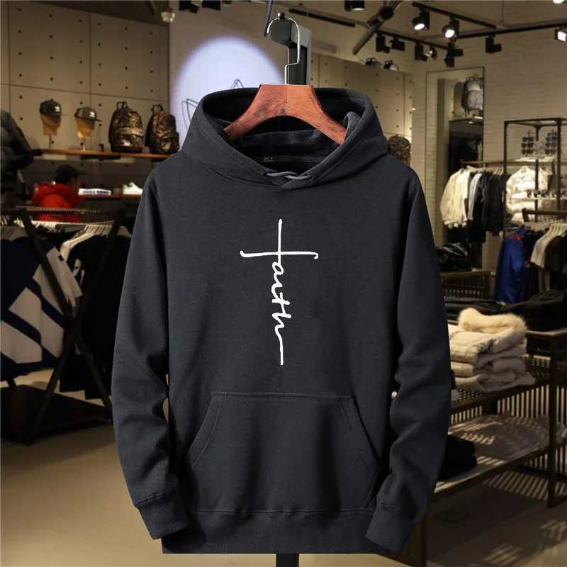 Autumn And Winter Mens Casual Sports Fleece Outdoor Comfortable Round Neck Fashionable Faith Printed Sports Hooded SweatshirtX240925