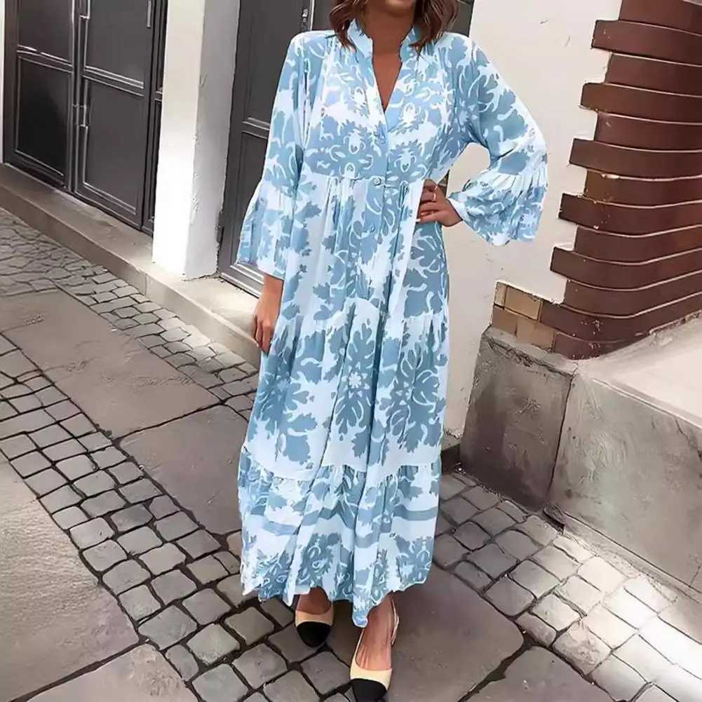 V-neck Printed Dress Elegant Floral Maxi Dress with V Neck Ruffle Patchwork Hem Womens Long Sleeve Single-breasted Commuting M240924