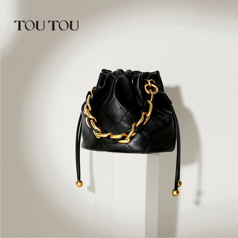 TOUTOU Genuine Leather Quilted Drawstring Bucket Bag Women With Chain Strap Crossbody Handbag For Daily Use And Commuting
