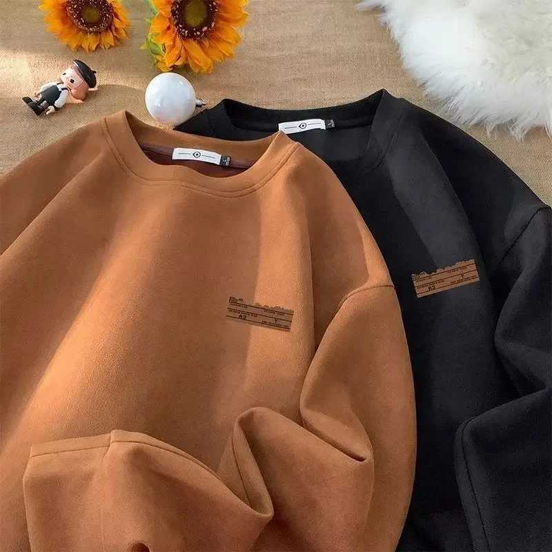 American Style Vintage Color Mens Chamois Leather Fleece Oversize Round Neck Pullover Sweatshirt Versatile Loose-fit HoodiesX240925