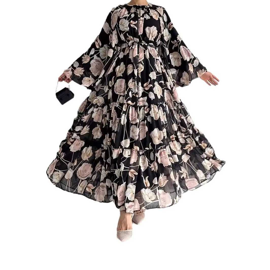 Chiffon Flower Dresses for Women Elegante Abaya Dubai Islam Muslim Dress Women Lace-up Casual Kaftan Clothes for Muslim Women M240924