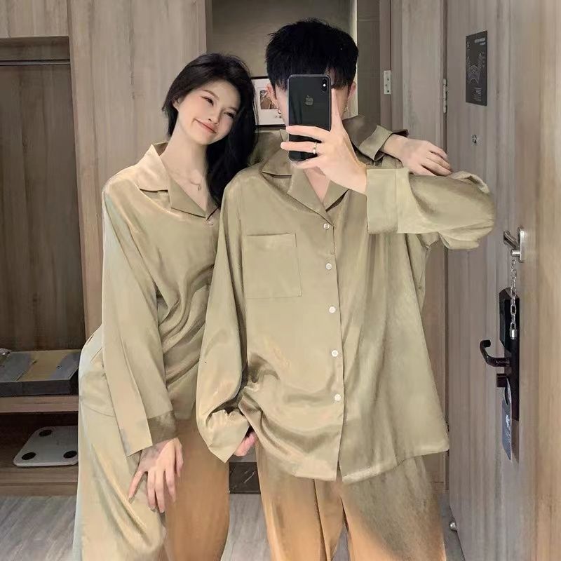 2024 New Couple Green Pyjamas Sets Ladies Long Sleeve Fashion Casual Sleepwear Pamas Set Men Turn-down Collar and Button Home