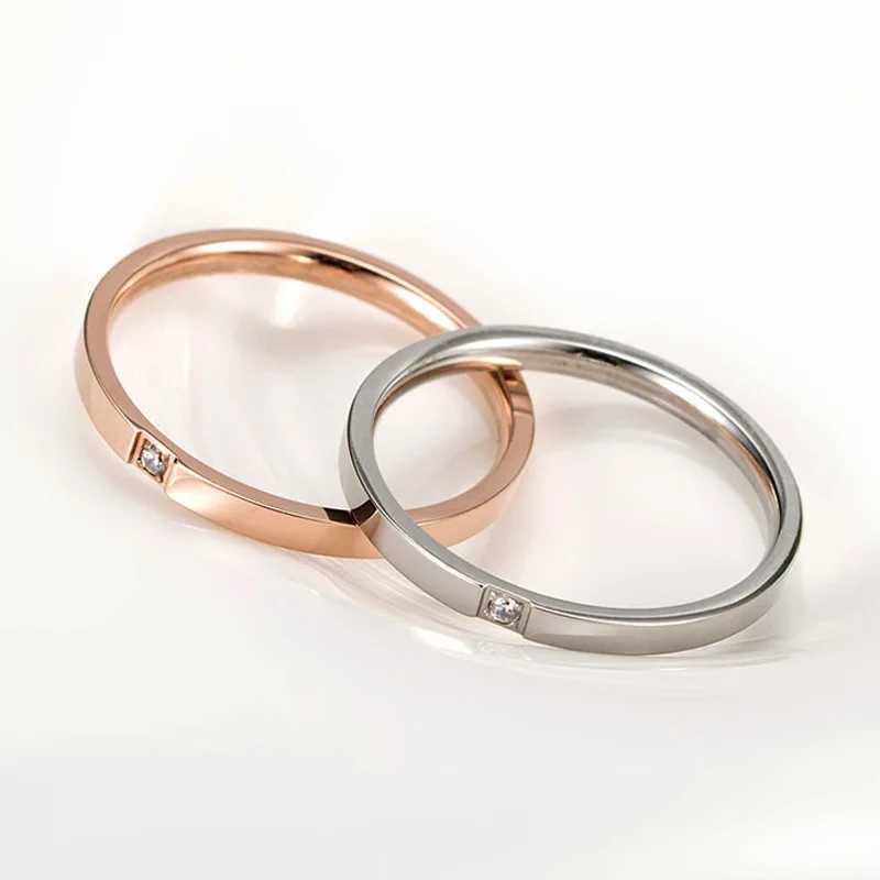 2mm simple titanium steel couple ring womens wedding ring with single rhinestone US size 4 5 6 7 8 9 10 W240925