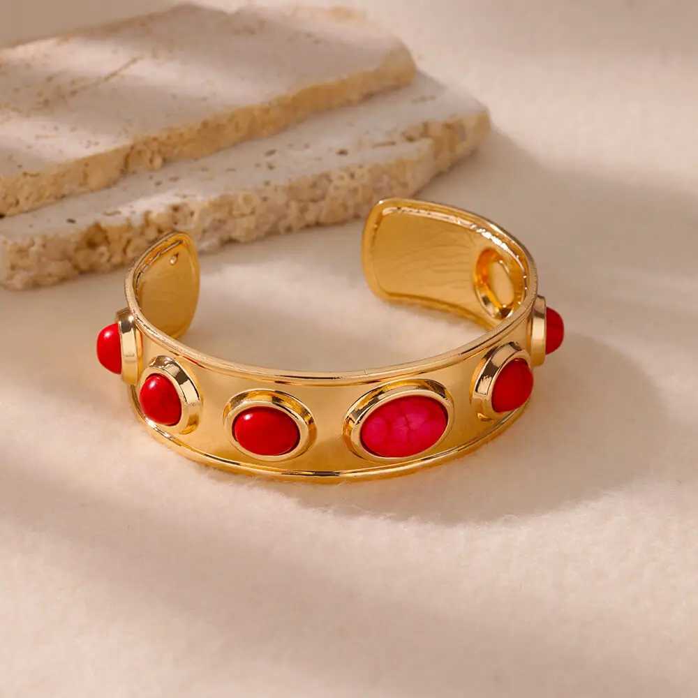 Fashion 316L Stainless SteelRed Turquoise Geometric Open Bracelet for Women Gold Color adjustable Bangle Jewelry Party Girl GiftX240925