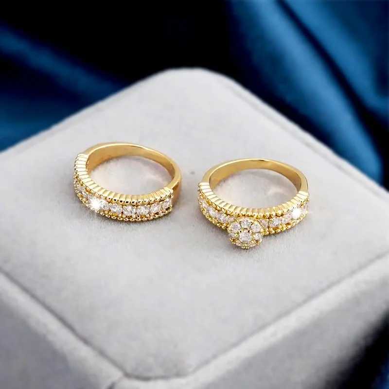 Huitan Trendy Golden Color 2PC Bridal Ring Set Womens Wedding Ceremony Accessories with Bright Zirconia Fashion Luxury Jewelry W240925