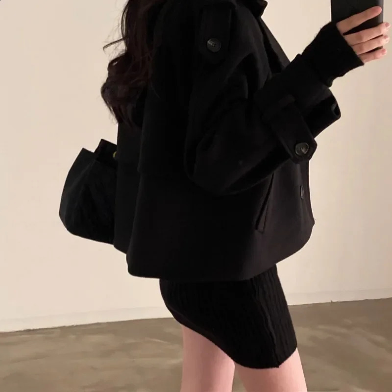 French retro collar wool jacket double chest pockets loose and versatile autumn coat winter chic top 240925