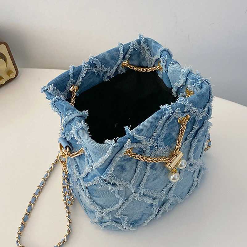 Denim Bucket Crossbody Bags for Women Chains Shoulder Strap Pearl String Designer Bags Luxury Solid Color Casual Fashion Purse M240925