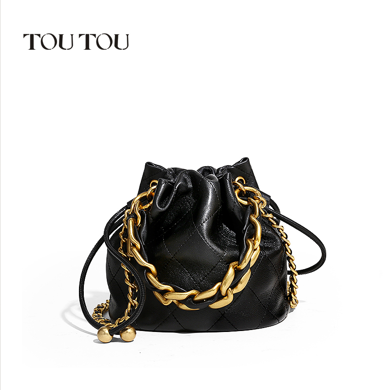 TOUTOU Genuine Leather Quilted Drawstring Bucket Bag Women With Chain Strap Crossbody Handbag For Daily Use And Commuting