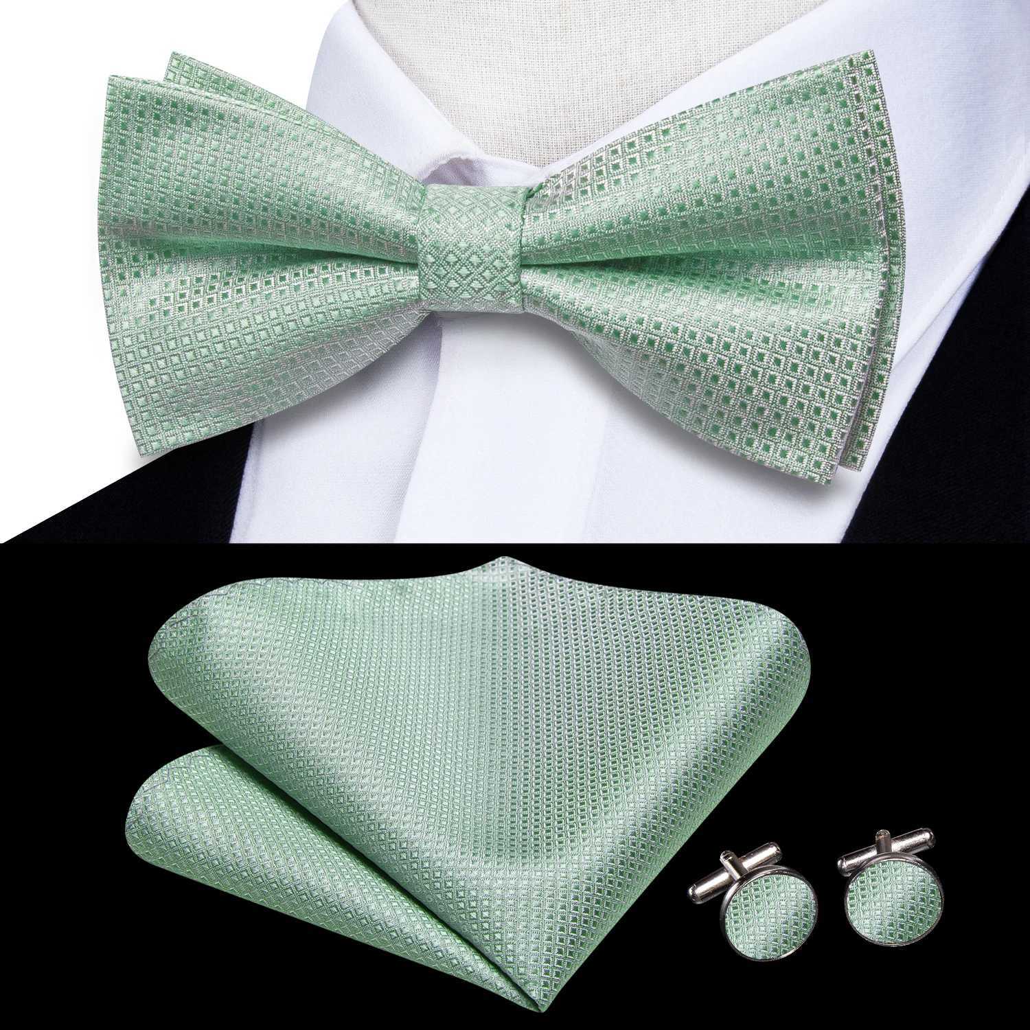 Hi tie Sage Green Solid Jacquard Silk Mens Bow Hanky Cufflinks Prefabricated Bow M Business Wedding Party Y240925